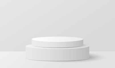 Minimal scene with white cylinder podium on grey background. Product presentation, mock up, show cosmetic. Vector illustration