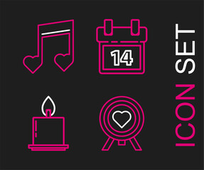 Set line Heart in the center of darts target aim, Burning candle, Calendar with February 14 and Music note, tone hearts icon. Vector