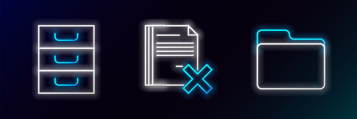 Set line Document folder, Drawer with documents and Delete file icon. Glowing neon. Vector