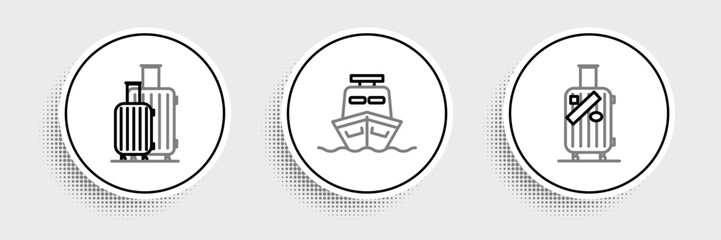 Set line Suitcase for travel and stickers, and Ship icon. Vector