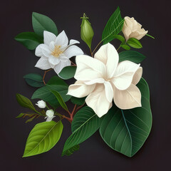 Obraz premium Magnolia branch with leaves and white flower. Hand drawn watercolor illustration. Generative Ai.