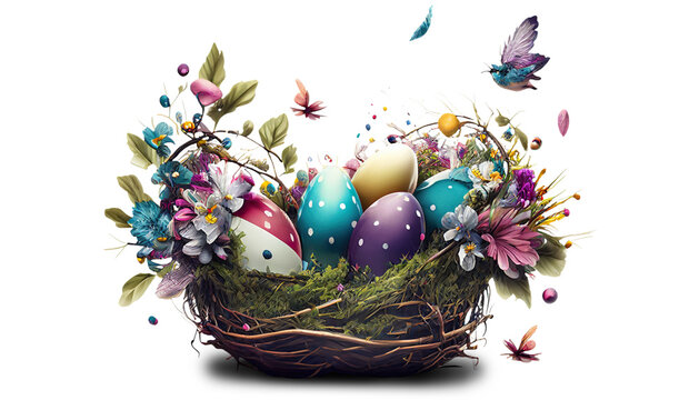 Easter Basket And Colorful Eggs - Generative AI