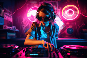 Fototapeta na wymiar Female girl DJ mixing music on a digital turntable and controller at a party with retro red and blue light and copy space, generative ai