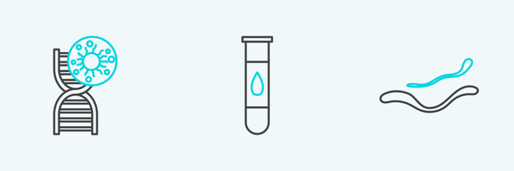Set line Ebola virus disease, DNA symbol and and Blood test icon. Vector