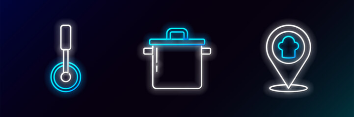Set line Chef hat with location, Pizza knife and Cooking pot icon. Glowing neon. Vector
