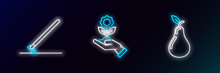 Set line Pear, Garden rake in work and Hand holding flower icon. Glowing neon. Vector