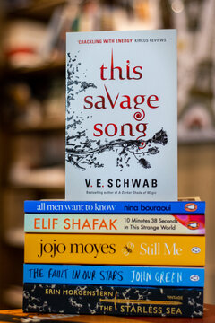 Close up V. E. Schwab's This Savage Song in the bookshop.