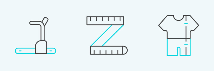 Set line Sport track suit, Treadmill machine and Tape measure icon. Vector