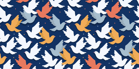 Flying doves seamless design white, orange and blue on dark background. Repeated birds. Peace symbol. modern pattern art. Decorative contemporary print for textile.