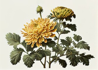 Chrysanthemum, Mums Flower Botanical Illustration, Dahlia, Chrysanths Painting, Generative AI Illustration - obrazy, fototapety, plakaty