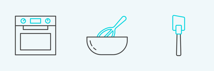 Set line Spatula, Oven and Kitchen whisk and bowl icon. Vector