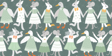 Cute animals dancing pattern. Lovely kids style illustration. Seamless print with forest dance. Mouse, duck and hare. Fairy fauna in nice dresses. Green and orange colors. Vector surface design.