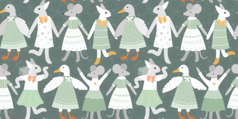 Fotobehang Cute animals dancing pattern. Lovely kids style illustration. Seamless print with forest dance. Mouse, duck and hare. Fairy fauna in nice dresses. Green and orange colors. Vector surface design. © Capictures