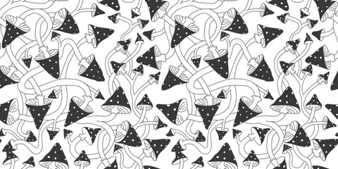 Seamless pattern with bicolor mushrooms. Black and white print  for textile and surface design. Graphic endless artwork. Vector forest art with handdrawn fly agarics. Poison funny background