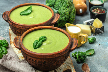 broccoli soup with vegetables in a bowl omemade healthy organic vegetarian vegan diet fresh food meal dish soup Food recipe background. Close up