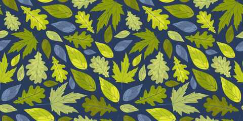 Seamless pattern with green spring leaves. Endless design on dark blue background with fresh leaves different forms. Oak tree, marple and other. Vector art for surface design.