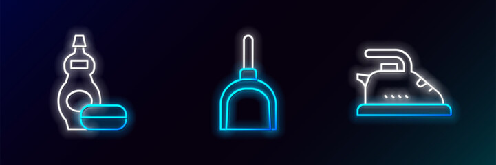 Set line Electric iron, Dishwashing liquid bottle and Dustpan icon. Glowing neon. Vector