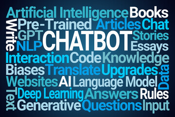 Chatbot Word Cloud on Blue Background - 585026187