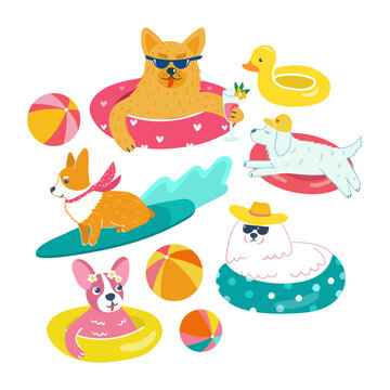 Funny dogs swimming in the pool set. Cool summer animals in inflatable circles, drinking cocktails. Swimsuit print relaxing. Bright colors palette. Isolated elements on white. Pets on vacation.