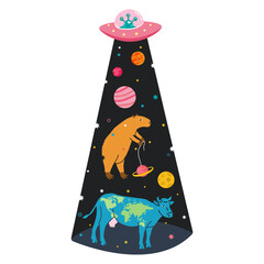 Funny art print with UFO, cow and capybara. Space illustration with colorful stars and planets. Creative humorous art with animals in cosmos. Saturn, solar system and alternative universe