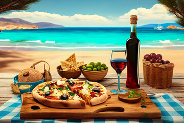 Food Concept Red Wine Tacos Olives Bread Pizza On Blue Turquoise Wooden Table With Sand Beach In Background - Generative AI