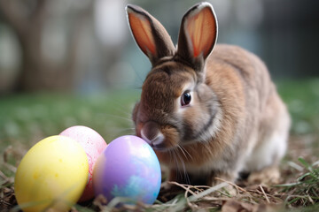 Fototapeta na wymiar Cute Easter Bunny with Decorated Egg