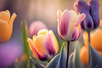 Fototapeta premium Tulip flowers meadow in garden in morning, selective focus, generative ai