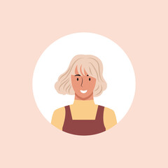 Profile image of woman avatar for social networks with half circle. Fashion vector. Bright vector illustration in trendy style.