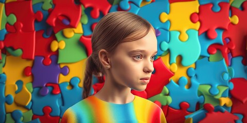 Fictional AI autistic girl child with puzzles. Autism Awareness Month . Caring, Speak out, Campaign, Togetherness. Puzzle pieces on background. Created with generative ai