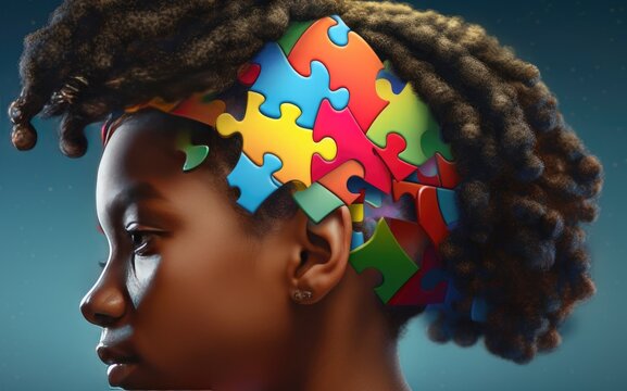 Fictional black girl child with a puzzle brain. Concept for Disability Pride Month, world brain day, mental health and brain neurological health, autism spectrum disorder.