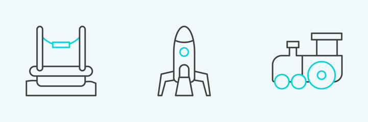 Set line Toy train, Bungee and Rocket ship icon. Vector