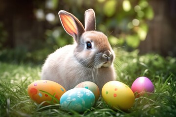 Fototapeta premium Easter bunny and easter eggs, created with generative ai