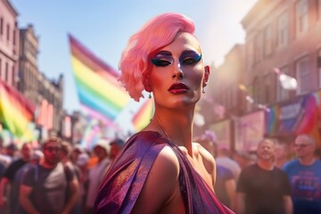 LGBT history month: Gay pride parade, Fictional queer or gender non binary person with pink hair: Man with makeup, drag queen, background with rainbow flag - obrazy, fototapety, plakaty