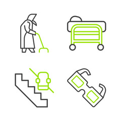 Fototapeta premium Set line Eyeglasses, Disabled elevator, Stretcher and Grandmother icon. Vector