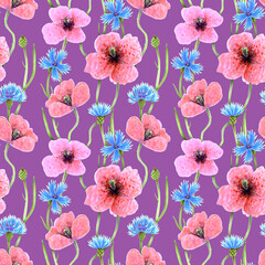 Seamless pattern of hand drawn poppy flowers and blue cornflowers. Drawn by markers illustration. Botanical hand painted floral elements on lilac background.