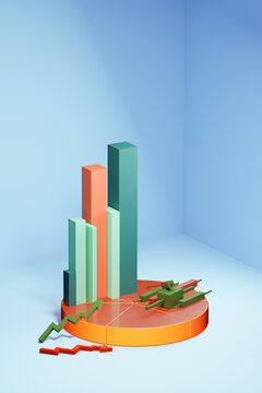 3D financial performance bar and pie charts, arrows results 