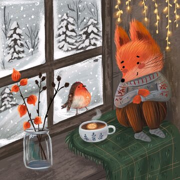 Fox watching a robin through the window