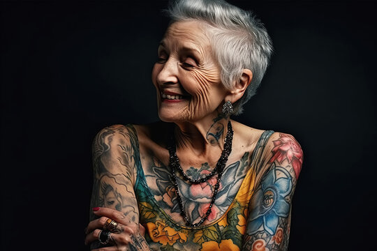 stylish fashionable elderly happy woman in tattoos smiles onblack background. Generative AI
