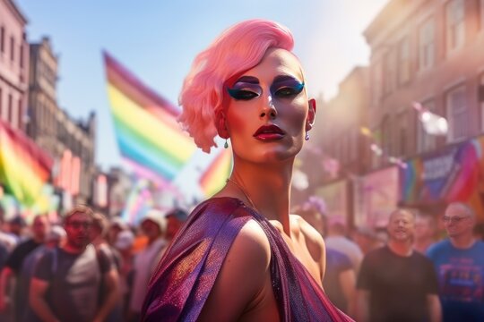 LGBT history month: Gay pride parade, Fictional queer or gender non binary person with pink hair: Man with makeup, drag queen, background with rainbow flag
