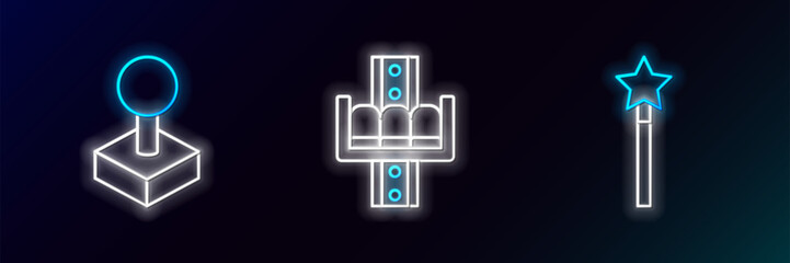 Set line Magic wand, Joystick for arcade machine and Attraction carousel icon. Glowing neon. Vector