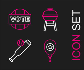 Set line Balloons, Baseball bat with ball, Barbecue grill and Vote icon. Vector