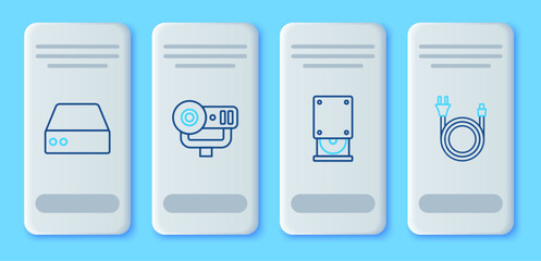 Set line Web camera, Optical disc drive, Server, Data, Hosting and Electric plug icon. Vector