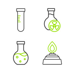 Set line Alcohol or spirit burner, Test tube, with toxic liquid and icon. Vector