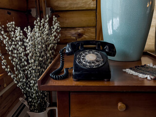Vintage black Rotary Dial Telephone on table with pussy willow