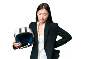 Young Asian woman with a motorcycle helmet over isolated chroma key background suffering from backache for having made an effort