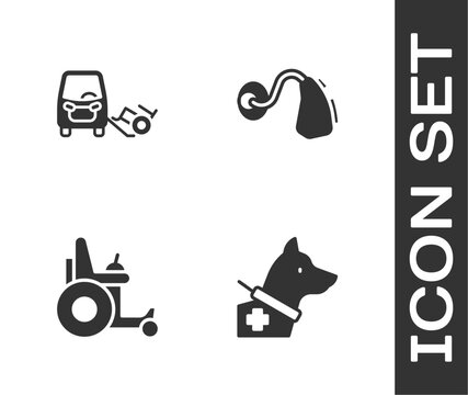 Set Guide dog, Disabled car, Electric wheelchair and Hearing aid icon. Vector