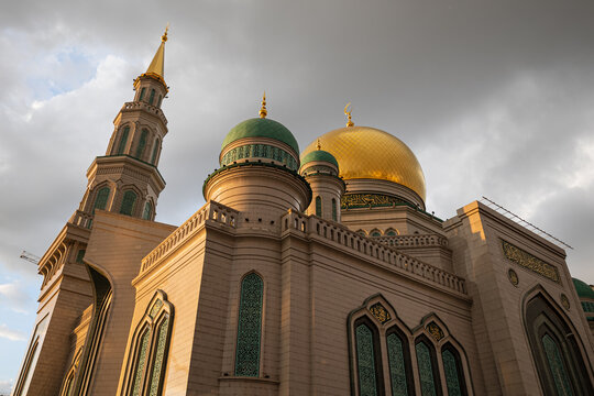 Mosque in Moscow seen during sunny sunset of a rainy day
