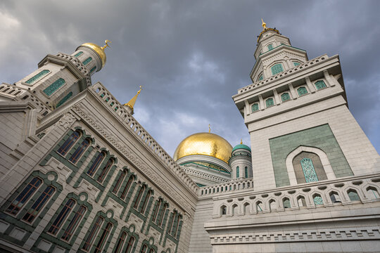 Mosque in Moscow seen during sunny sunset of a rainy day