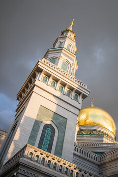 Mosque in Moscow seen during sunny sunset of a rainy day