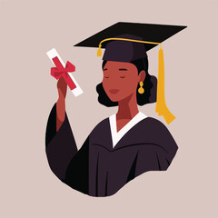 A joyful black graduate celebrates graduation with a diploma and graduate cap on the head. Concept for happy graduation poster or card template design. Flat vector illustration. Generative AI - obrazy, fototapety, plakaty